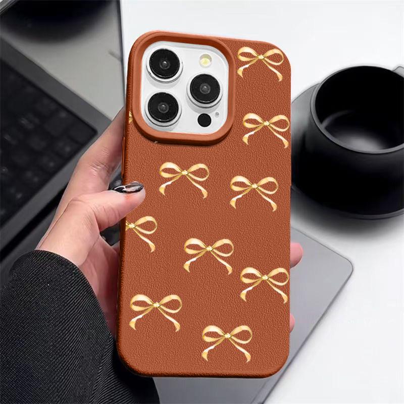 Bowknot Pattern TPU Leather Texture Phone Case For iPhone 16 Pro Max 15 Pro 14 13 12 11 Solid Color Matte Shockproof Slim Soft Bumper Cover