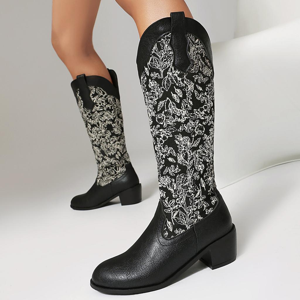 Britische hohe Stiefel, gespleißte, bedruckte Ritterstiefel, dicke Stiefel mit mittlerem Absatz, Größe 40-46, große Größen