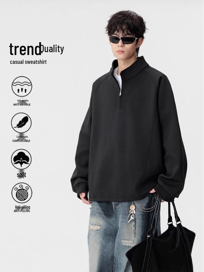Men's Plus Size Heavyweight Fleece Half-Zip Hoodie - Casual Loose Long Sleeve for Spring, Autumn, Winter