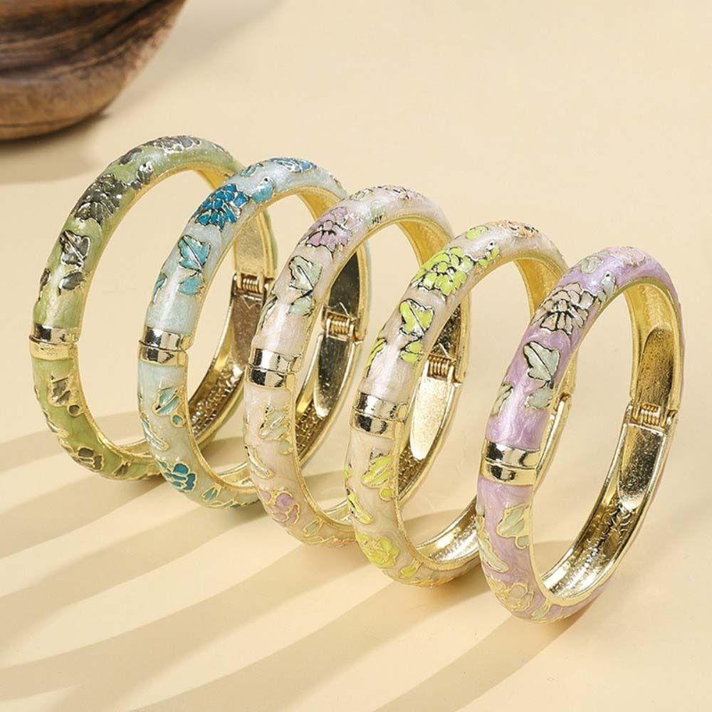 Enamel Floral Vintage Cloisonne Bangle Traditional Women's Hand Bracelet Flower Leaf Bangle Girls