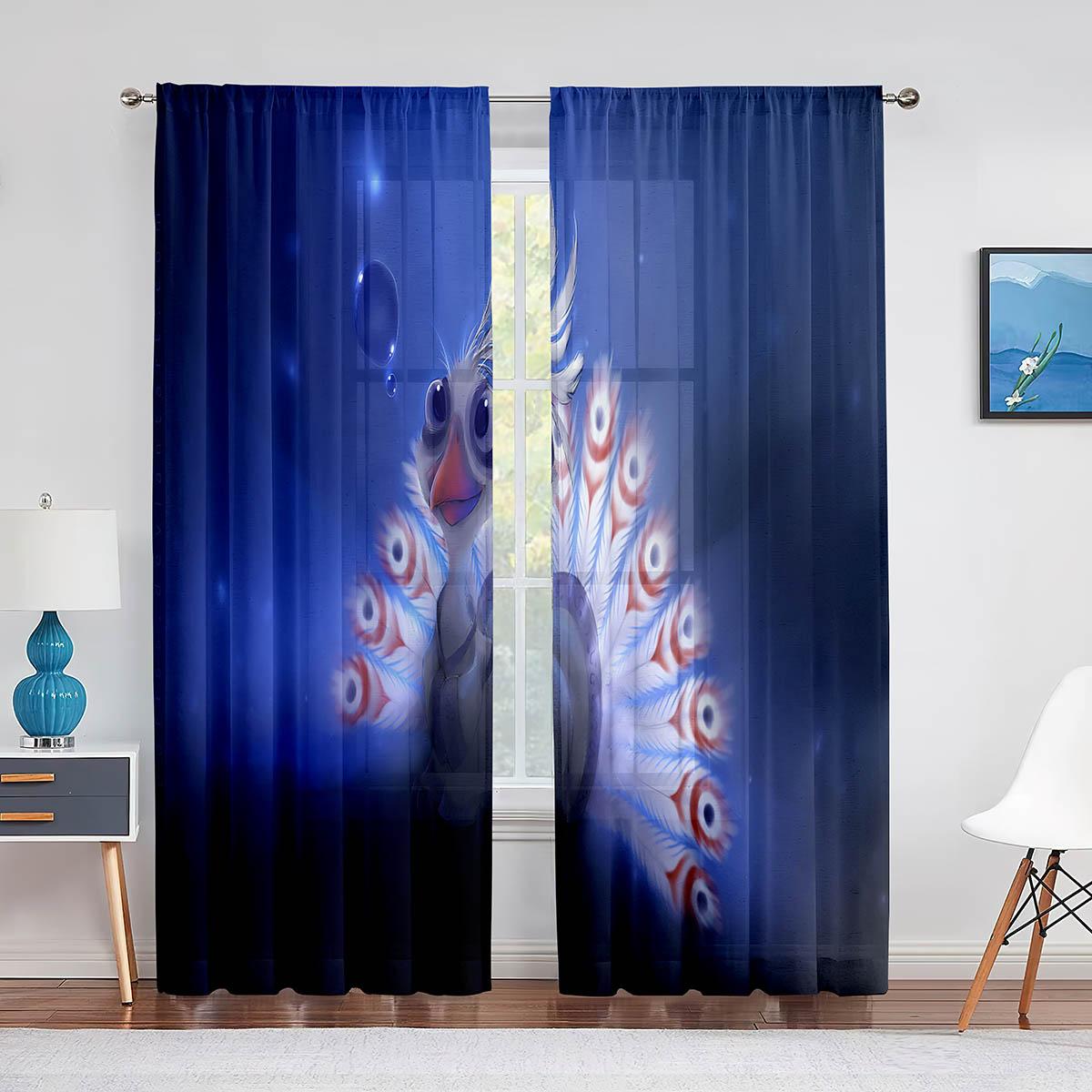 Голубые красивые прозрачные шторы с изображением павлина — фото 15