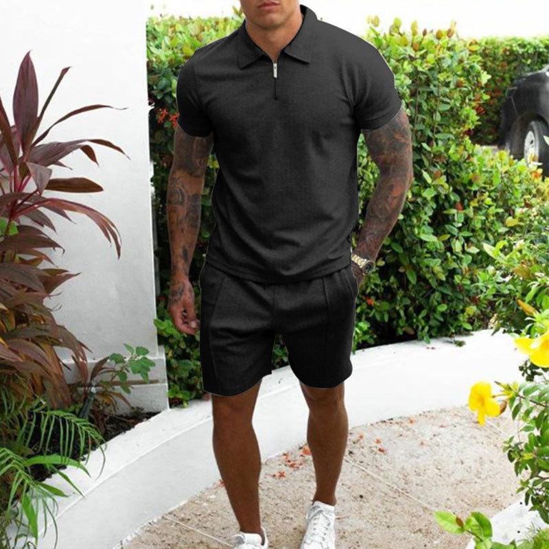 Mens Casual Solid Two Piece Outfit Half Zip Polo Shirt And Shorts Set S чёрный