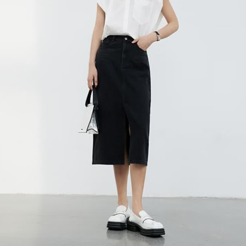 Gejin Women s Casual Slit Denim Midi Skirt 2XL