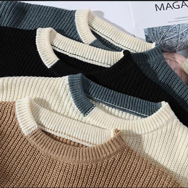 Autumn Winter Korean Knit Pullovers Men Fashion Knitted Sweater Mens O-Neck Patchwork Casual Knitwear Slim Pullover Sweaters