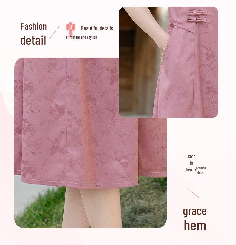 New Summer Jacquard Mid-Length Dress, Short Sleeve, Chinese Style, for Young and Middle-Aged Women