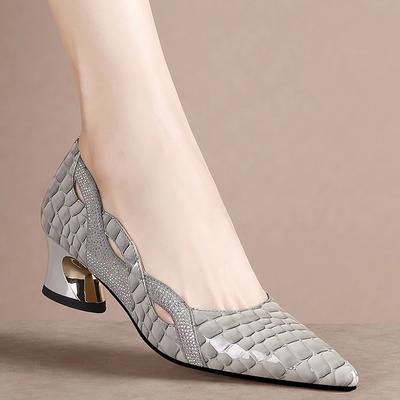 Coarse Heel Single Shoes Femininity Patent Leather Mother Leather Shoes Soft Leather Pointed Middle Heel Women'S Shoes Large Size