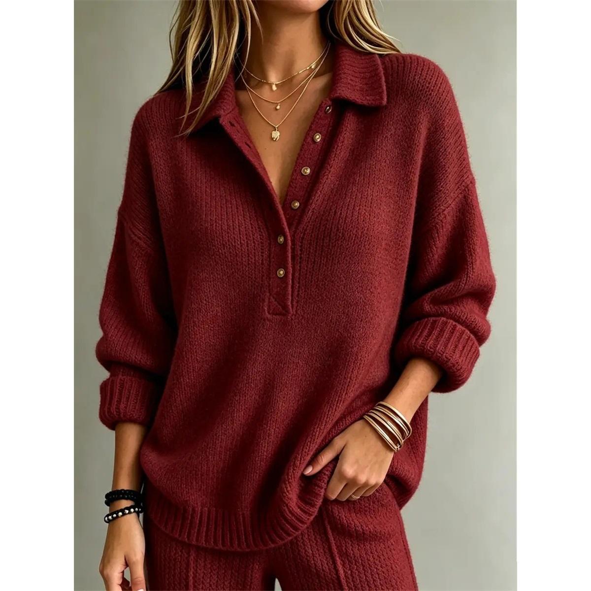 Dames Polo Kraag Halve Knopen Gebreide Trui Los Oversized Pullover Casual XXXL rood