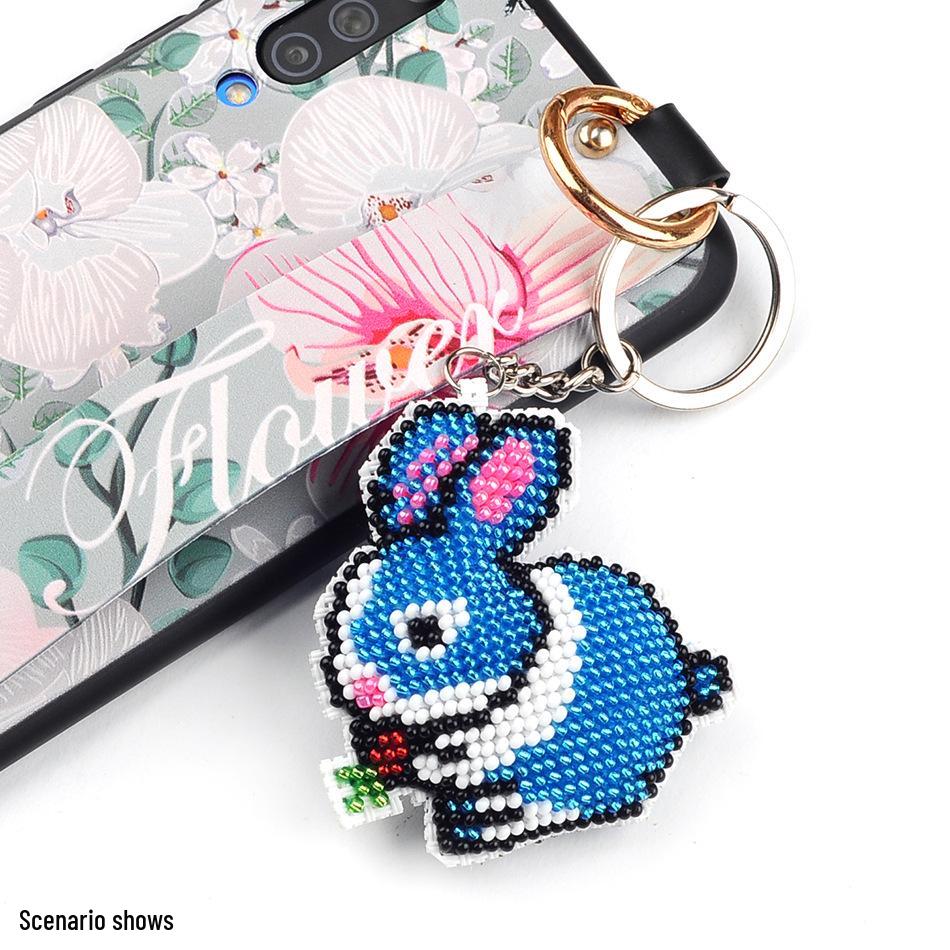 Beaded Blue Rabbit Cross-Stitch Keychain & Phone Pendant