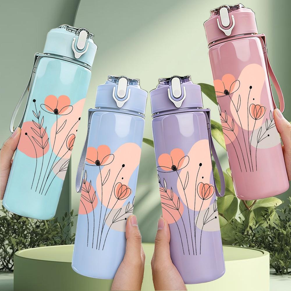 1PC Minimal Pink Tulip Art 750ml Color Plastic Sports Water Bottle Leakproof Flip Straw Lid Suitable for Sports Office Home Use