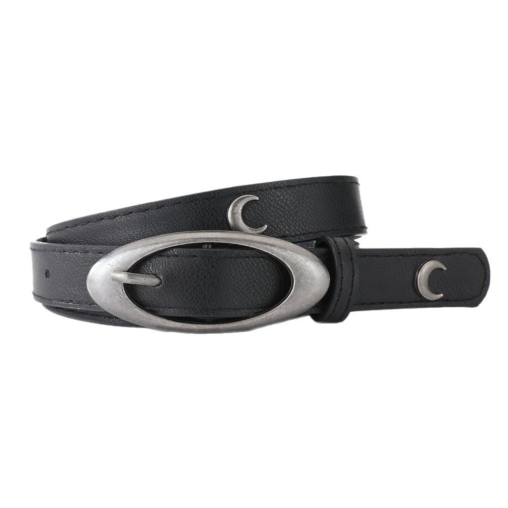 Women's Versatile Retro Star Moon Black Leather Belt for Jeans and Suits