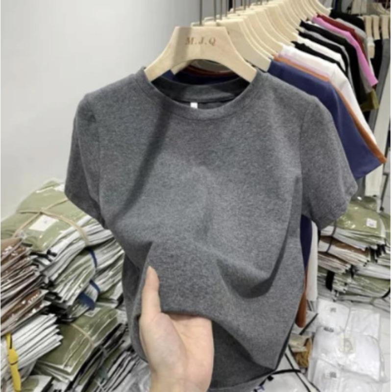 

Жіночі модні повсякденні літні весняні одноколірні блузки та сорочки з коротким рукавом і круглим вирізом із принтом YYFS M