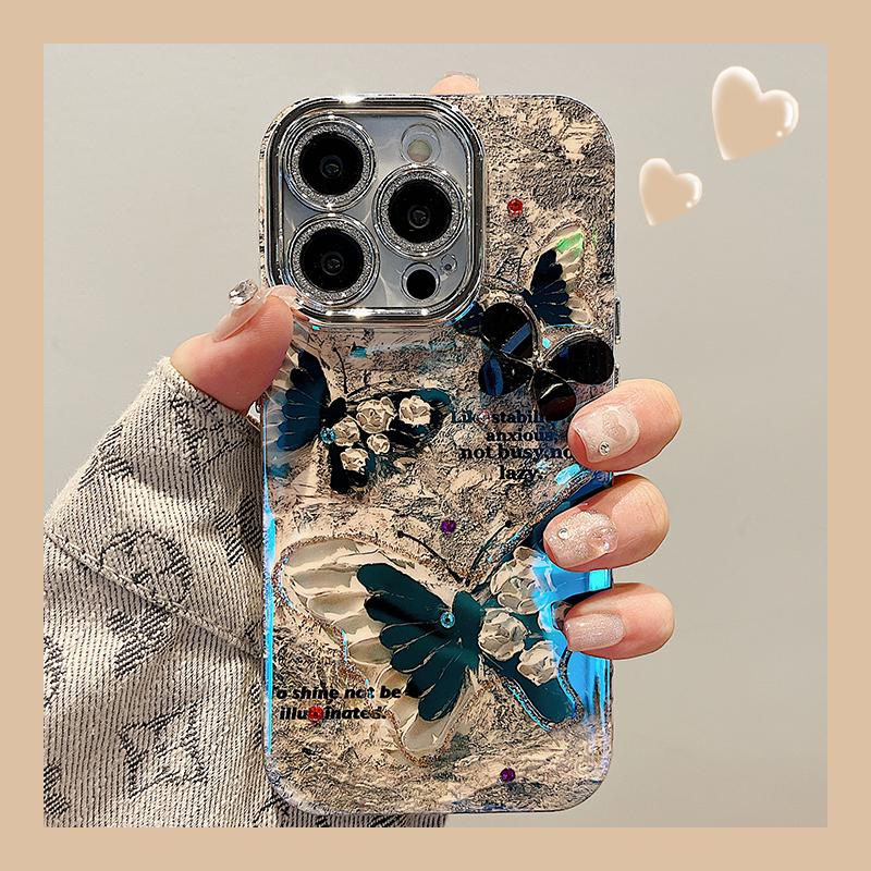 

Роскошный черный лазерный чехол для телефона с бабочкой и цветком для iPhone 16 Pro Max 15 14 13 12 11, мягкий противоударный бампер с блестками и бриллиантами For iPhone 15 pro