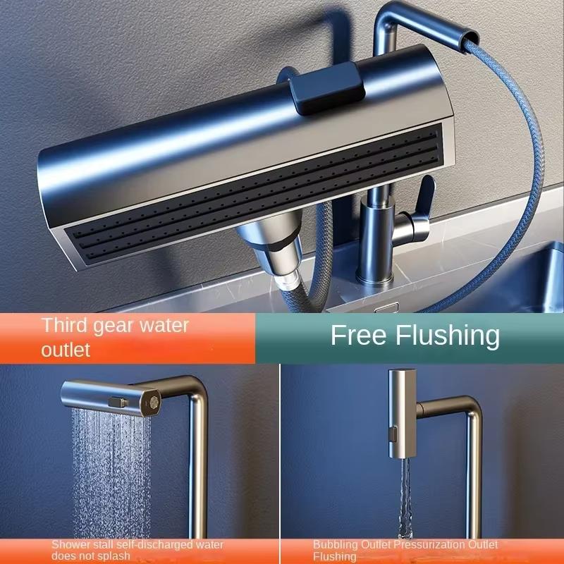 Gunmetal Grey 3 Mode Pull Out Kitchen Faucet with Waterfall Sprayer Single Hole Deck Mount Hot and Cold Water Mixing Faucet.