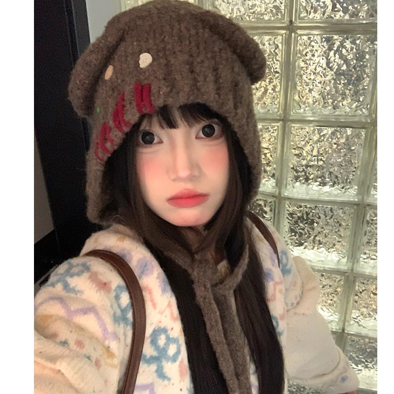 

Cute Bear Hat for Women in Autumn and Winter Warm and Face Friendly Small Ear Protection Hat Buttoned Beanie Plush and Fluffy one size