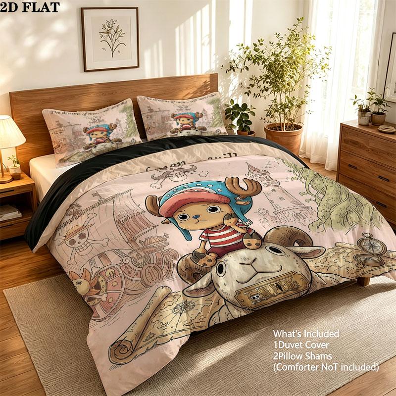Pościel z nadrukiem One Piece Zestaw kołdry Poszewka na kołdrę Poszewka na poduszkę Domowy prezent urodzinowy(1 * poszwa na kołdrę + 2 * poszewki na poduszki, bez rdzenia)