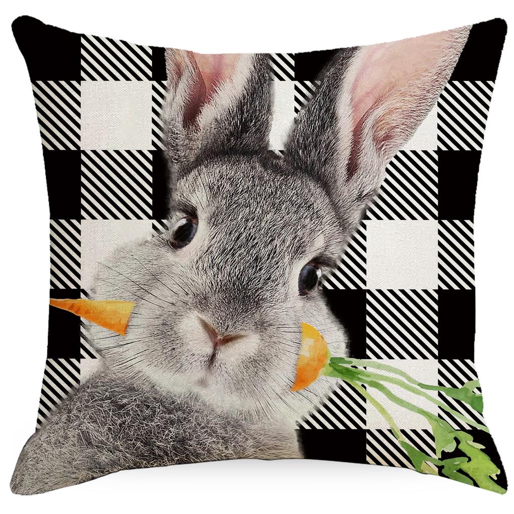 Easter Bunny Printed Linen Pillow Cover Spring Black and White Plaid Pillow Cover