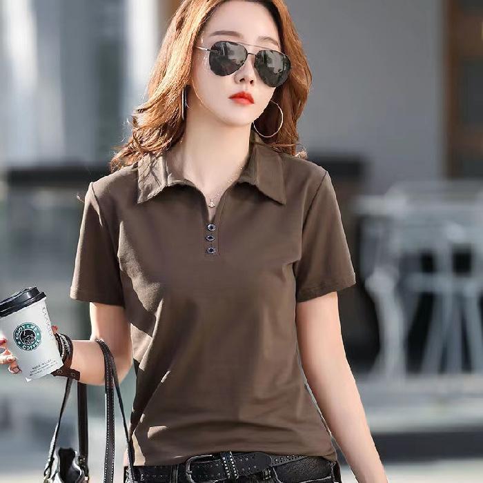 Women's Fashion Casual Summer Spring Solid Color Print Short Sleeve POLO Neck Blouses & Shirts
