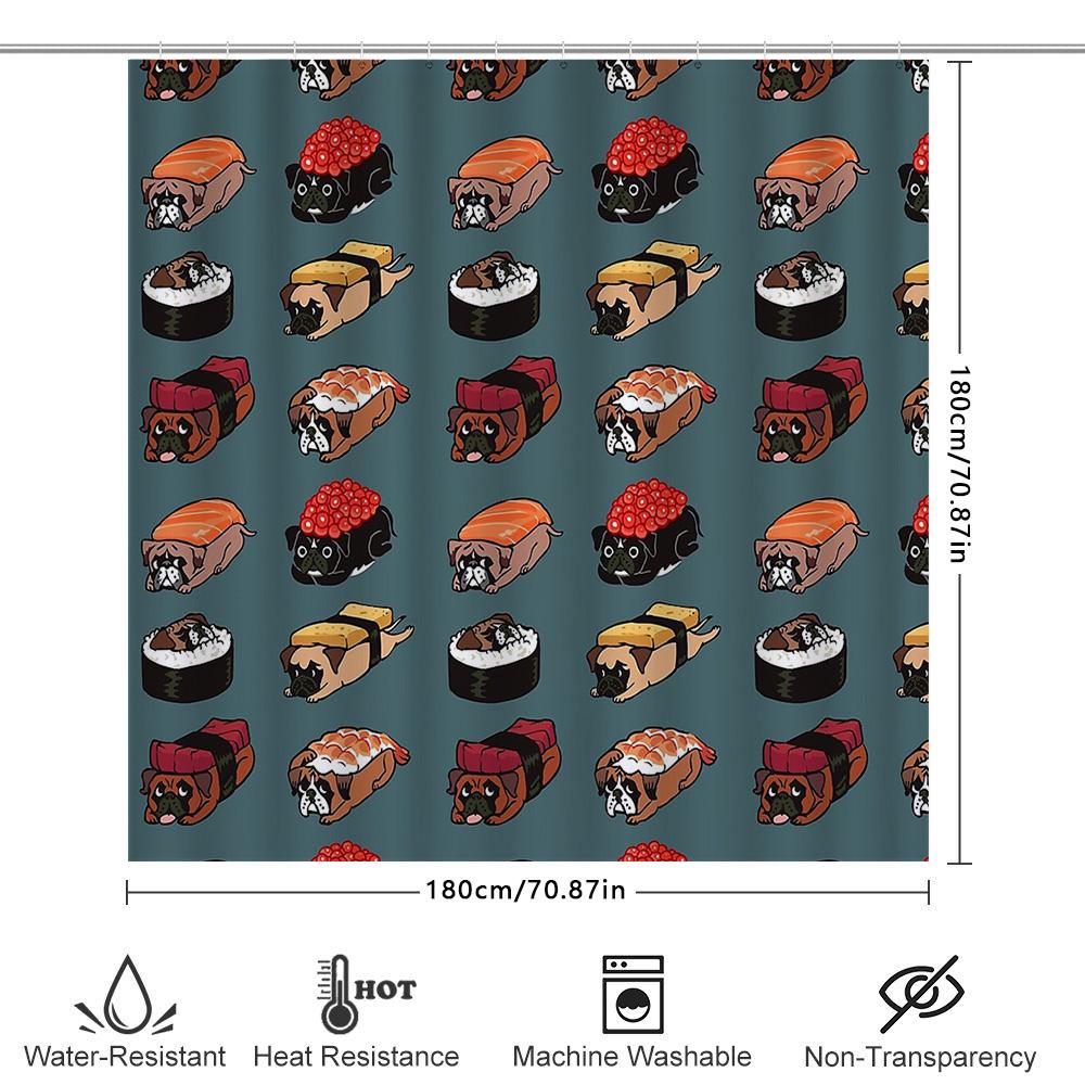 Sushi Dog Bath Curtain Japanese Kawaii Cute Pet Pug Shower Curtain Farmhouse Decor Bathroom Set Waterproof Home Decor