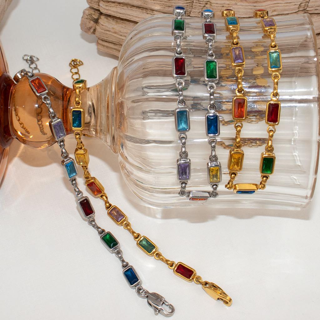 New Arrival Dainty Multi Color Gemstone Layered Necklace Waterproof Jewelry Rectangle Colorful Cubic Zircon Link Chain Necklace