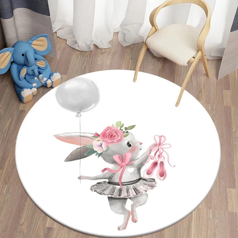 Cartoon Bunny Print Round Carpet Rabbit Area Rugs Circle Carpets for Living Room Floor Mat Polyester Anti-Slip Mats for Children