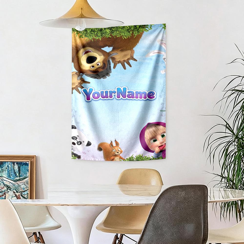 Masha Bear Custom Your Name Wall Decor Tapestry Art For Pet Memorial Birthdaywedding Party Backdrop Family Gift