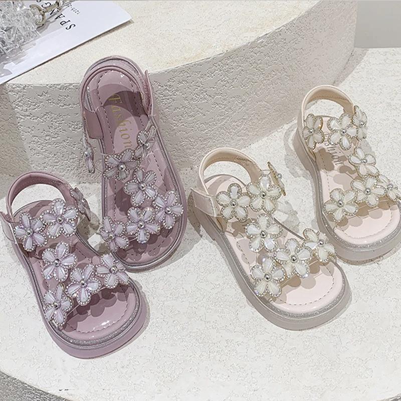 Luxury Crystal Floral Sandals Girls Transparent Pvc Strap Sandalias Baby Kids Brand Design Sole Summer Party Dress Shoes