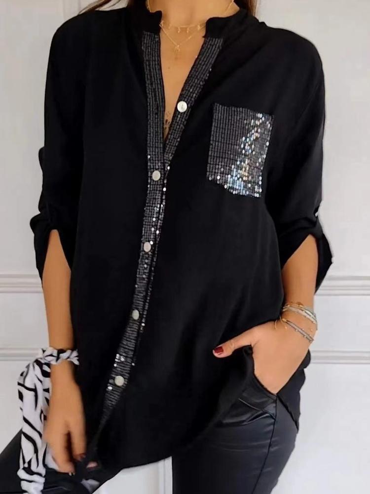 

Женская блузка с V-образным вырезом и длинными рукавами, с отделкой пайетками, застежкой на пуговицы спереди, нагрудным карманом, регулируемыми завязками на манжетах S чёрный