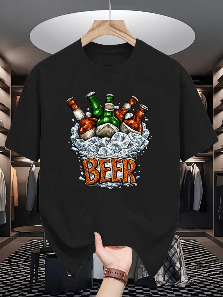 Unisex Red Tee Ice Cold Beer Bottles Retro Letter Food Graphic Print Crew Neck Short Sleeve Summer Casual Male Cotton Street Top