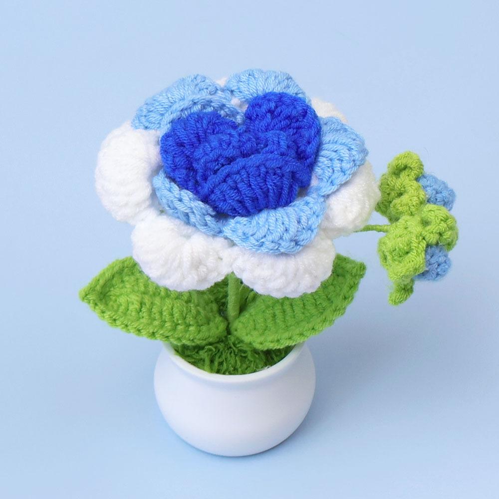 Rose Crochet Flower Pot with Bud  Romantic Handwoven Rose Flowers Knitting Flower Table Car Decor