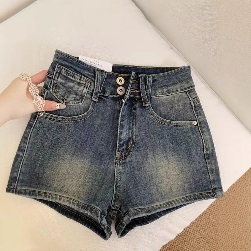Women s 2025 Retro High-Waisted Elastic Denim Shorts - A-line Hip-Hugging Hot Pants S