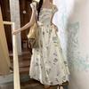 Wrap + Lining, Small Flying Sleeves Square Neck Floral Dress for Women's Summer New Seaside Vacation Japanese Elegant Long Dress