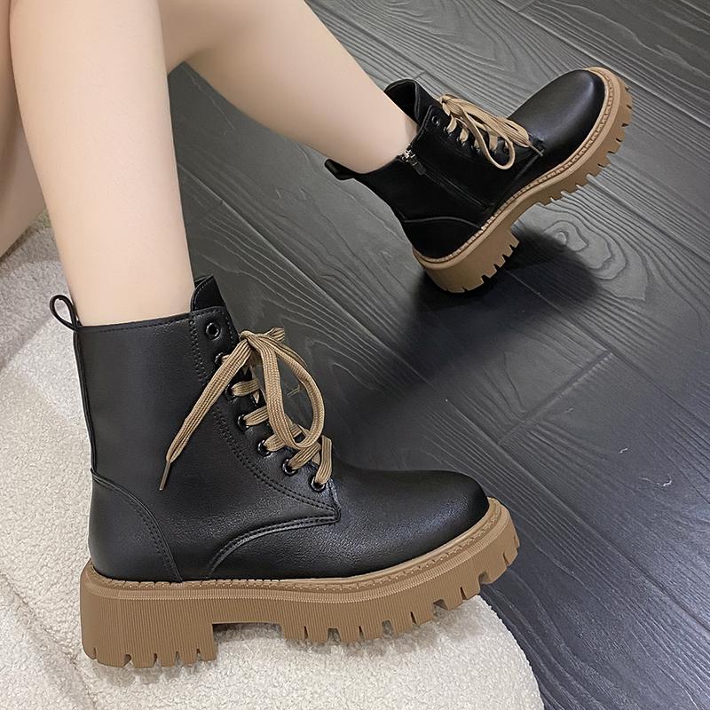 Mode Neue Herbstliche Mid-Tube Stiefeletten Runde Zehenpartie Schnürung vorne Seitlicher Reißverschluss Rutschfeste Plateau Sohle Rutschfeste Erhöhende Einzelstiefel