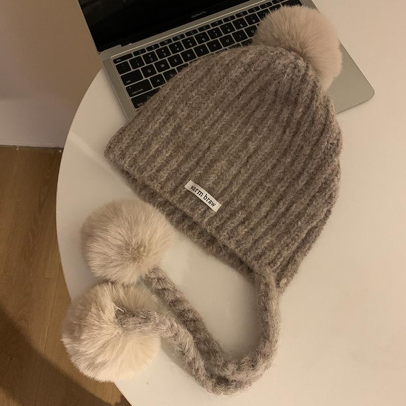 Gray Fur Ball Tassel Beanie Women's New Autumn and Winter Warm and Cold Proof Ear Protection Hat Large Head Circumference Hat Trendy