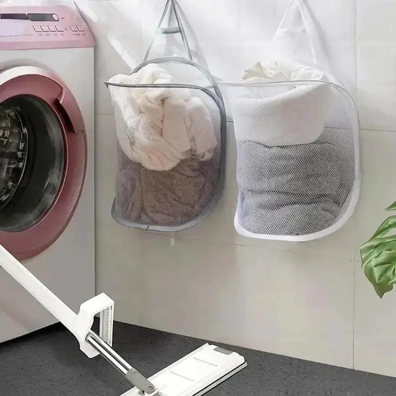 Bathroom Household Foldable Dirty Clothes Basket Laundry Storage Bag Dirty Clothes Towel Mesh Organizer Bag Wall Hanging Basket