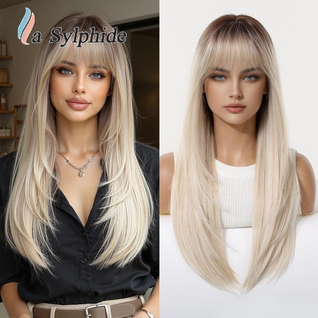 Women's Long Layered Curly Wig with Straight Bangs, Brown Highlights, Full Head Cover, Machine-Made with Chemical Fiber Rose Net, 2026 Hot Style.