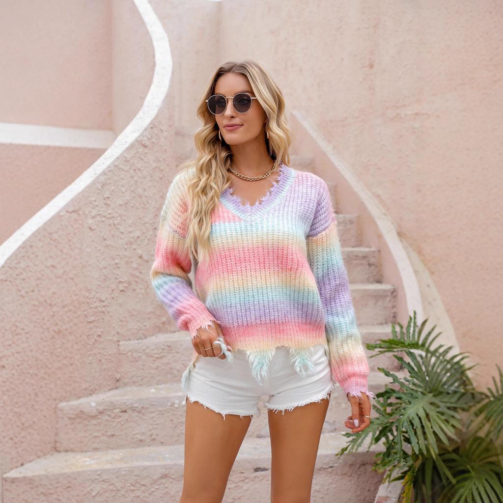 New V-neck Pullover Knitted Sweater for Autumn and Winter, Loose-fitting, Fringed, Large-sized Rainbow Sweater