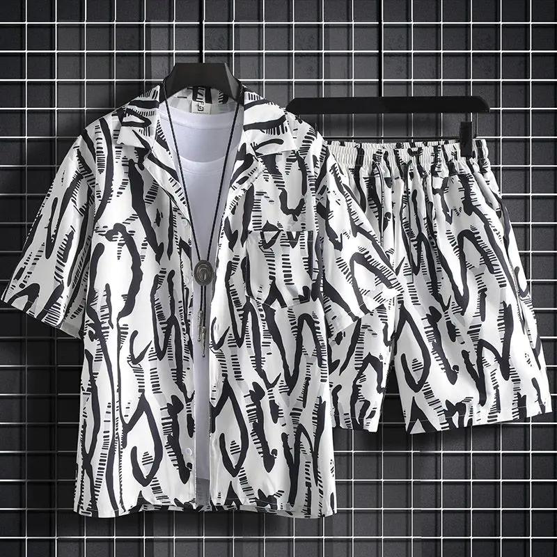 Shirts Man Sets Beach White Outfits 2 Piece Outfit Korean Two Set T-shirts Shorts Suits For Men Chic Stretch Loose Cool Shirts