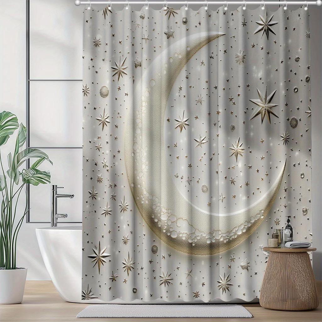 1Pc, Stars And Moon Digital Printing, Waterproof Shower Curtain, Home Hotel Bathroom Decoration Isolation Shower Curtain