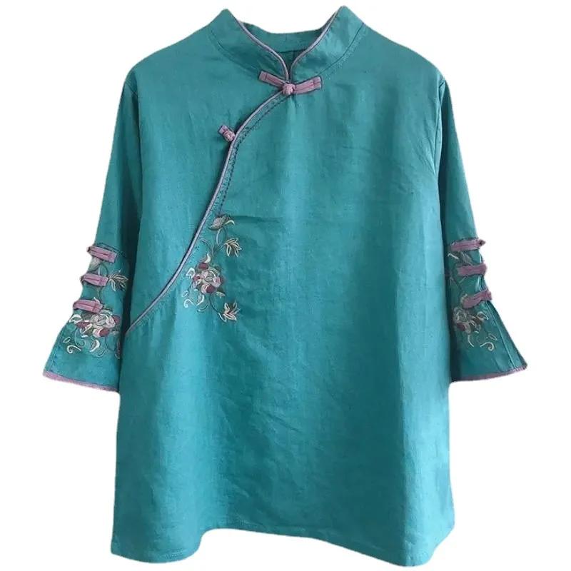 Vintage Cotton Linen Shirt Women's Spring Summer Stand Collar Button Embroidered Tea Dress
