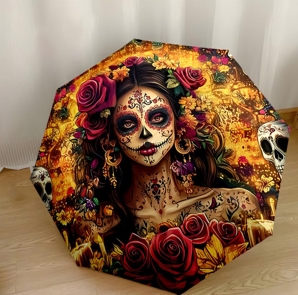 Skulls And Roses Artwork Portable Automatic Umbrella Retractable Design with 8-Rib Durability Durable Plastic & Iron Perfect for Outdoor Adventures