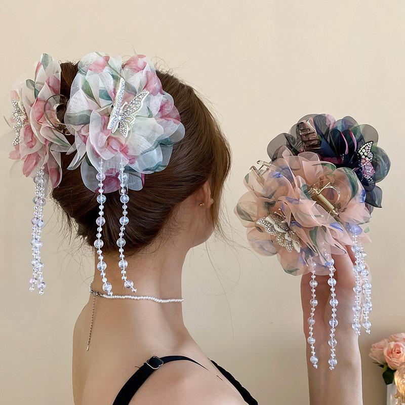 Mesh Butterfly Flower Tassel Hair Clip Sparkling Shark Clip  Hair Claw For Women Girls Elegant Hair Accessories Gifts