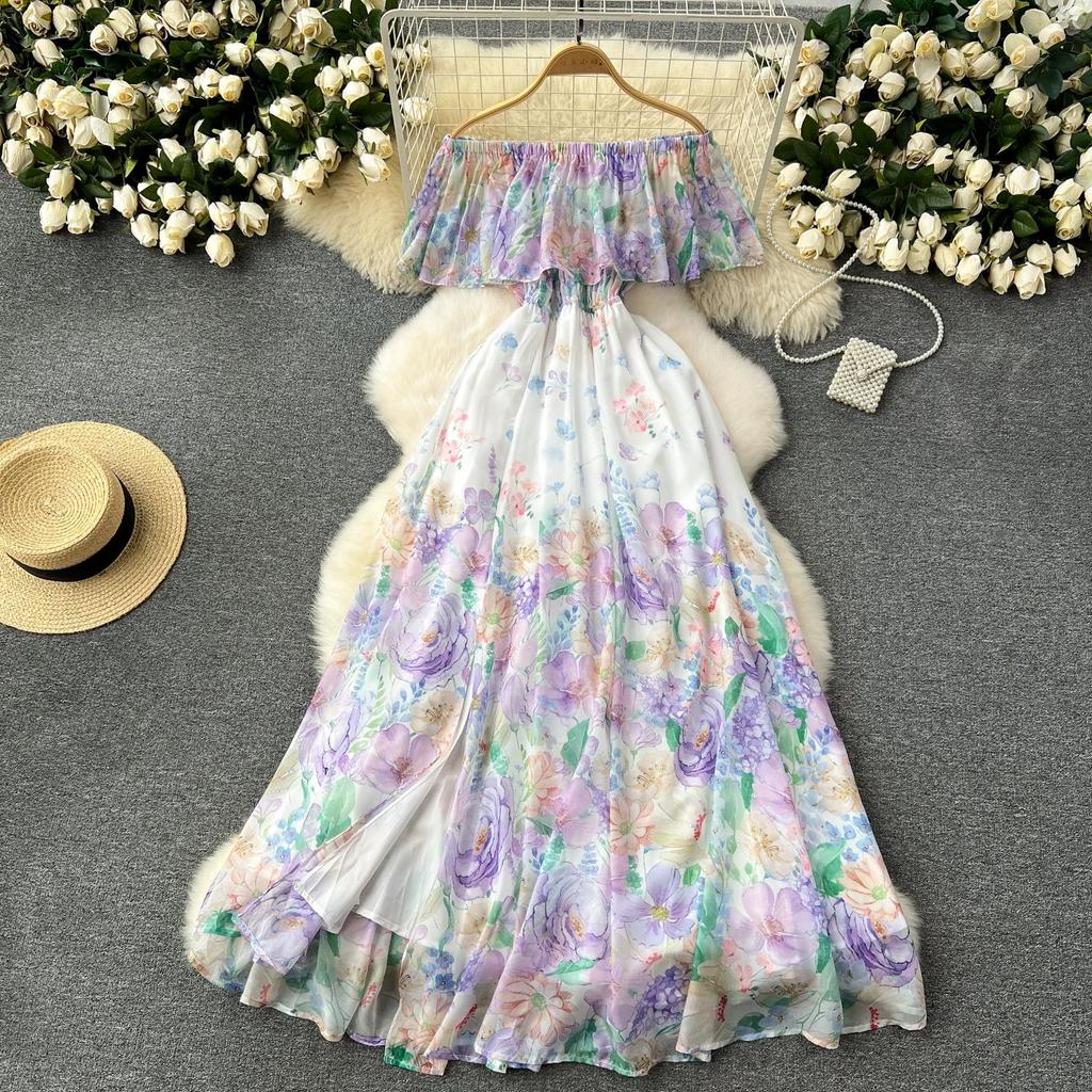 Sommer Off Schulter Wunderschöne Blume Urlaub Chiffon Kleid Frauen Slash Neck Floral Print Elastische Taille Lange Roben