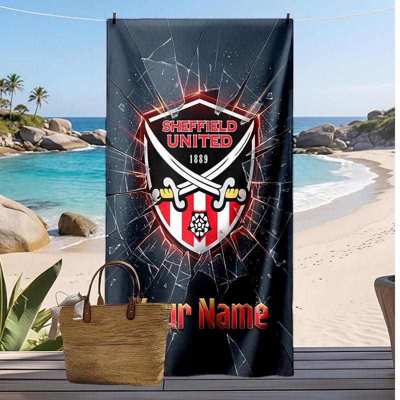 Sheffield United FC Personalisiertes Bedrucktes Strandtuch Fußballlogo Unterstützung Benutzerdefinierter Name Text Absorbierendes Handtuch für Sport Reisen Besonderes Geschenk