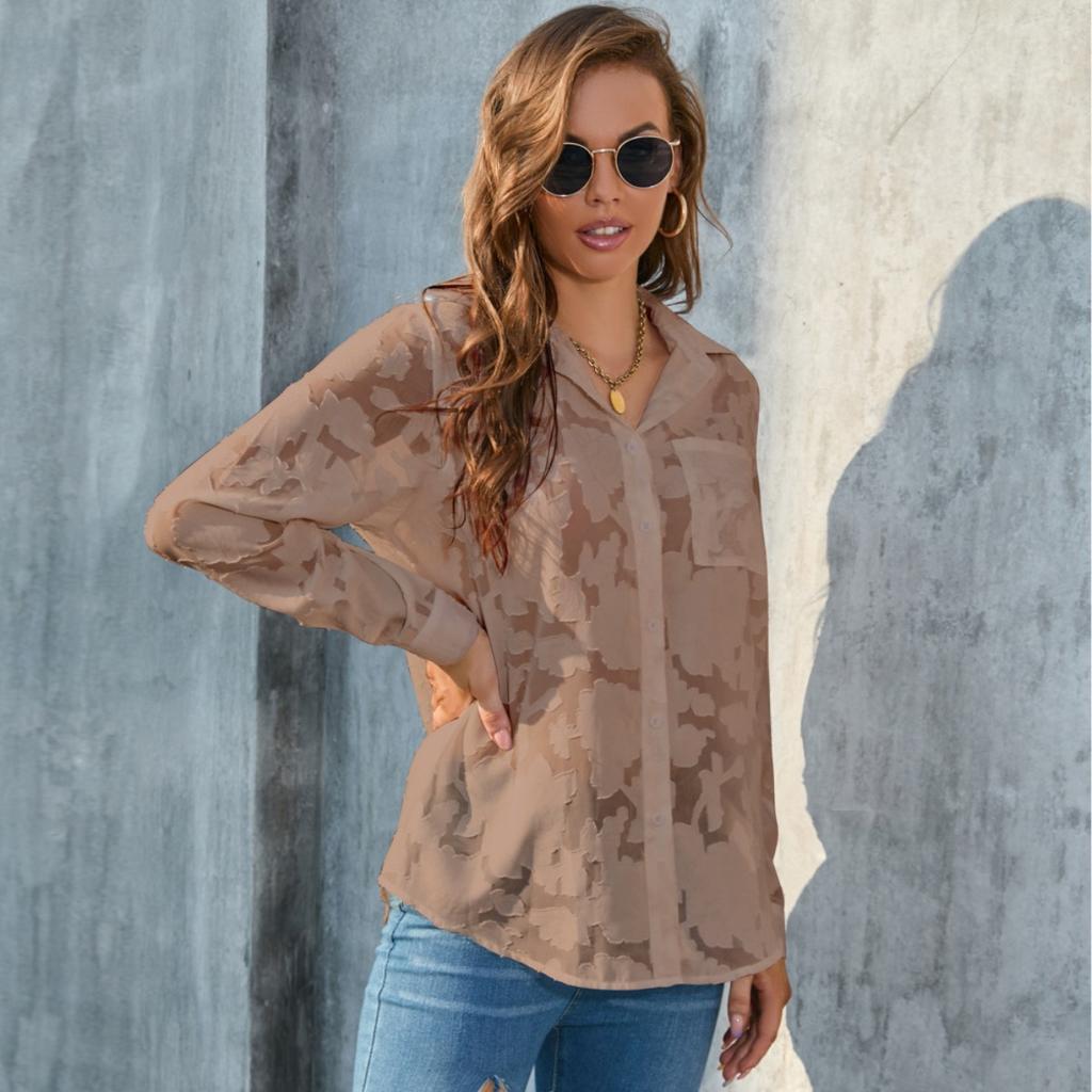 Luxurious Jacquard Sheer Blouse - Stylish Button-down with Elegant Long Sleeves - Perfect for Spring and Fall Closets!