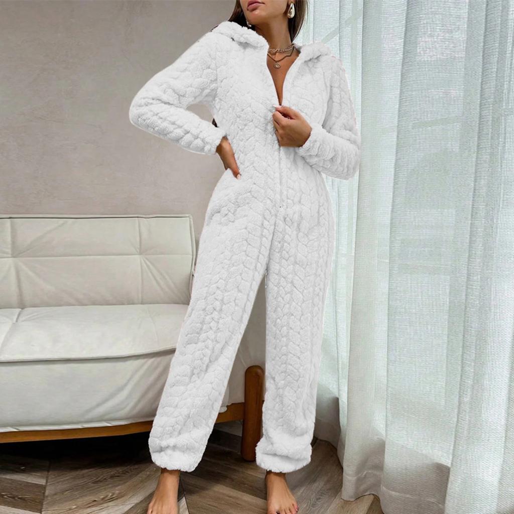 Kadın Modası Düz Renk Ev Giyim Peluş Rahat Tek Parça Pijama