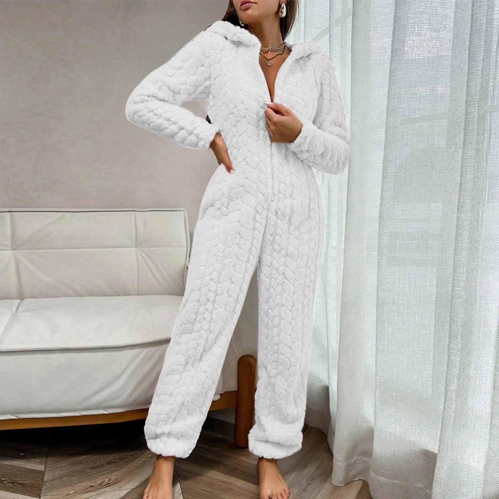 

Женская мода однотонная домашняя одежда плюшевая удобная цельная пижама XL белый