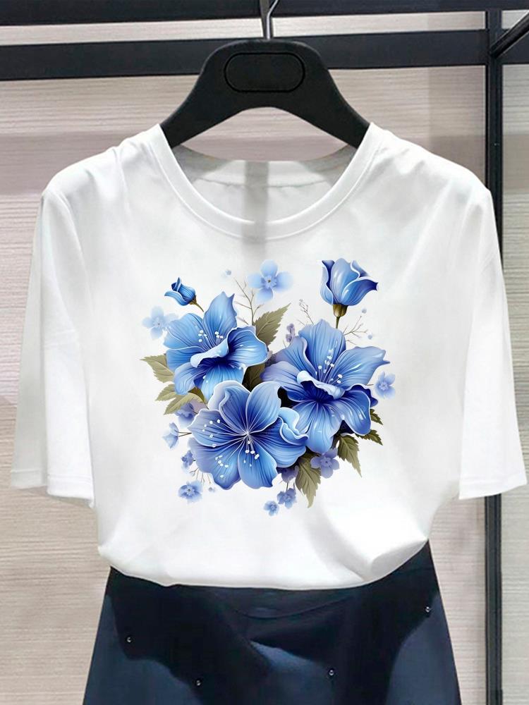 (Asian Size) Lovely Flower Trend Women's Top Print O-neck Casual T Fashion Female Clothing Graphic Tee Short Sleeve T-shirts