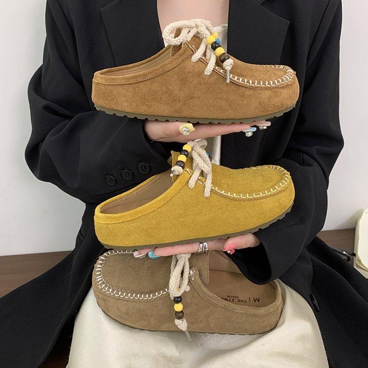 Retro ethnic style casual round head flat bottom bag head half slippers women's new summer wear casual sandals in 2025