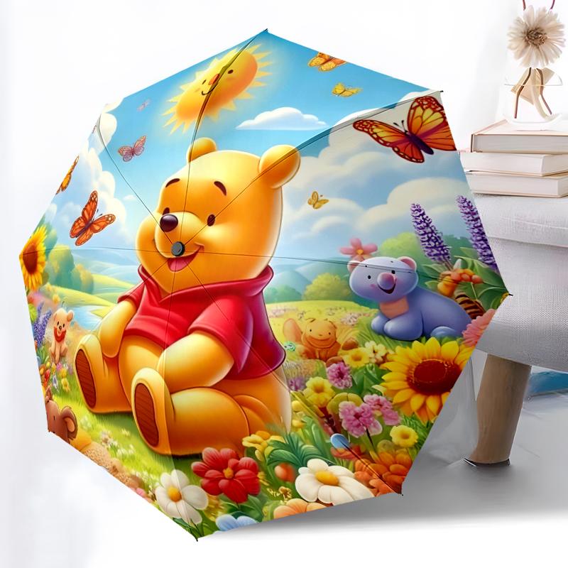 1pc Sturdy 8-Bone Auto Umbrella, Pooh Bear Pastel Forest Floral Umbrella, Digital Printed, Foldable Umbrella for On-the-Go Outdoor Use