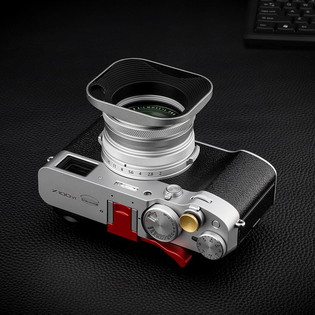 Haoge Square Metal Lens Hood with 49mm Adapter and Cap for Fujifilm FinePix X100V Cameras Silver LH-ES3 Hollow-Out Design, Ring, X100, X100S, X100T,